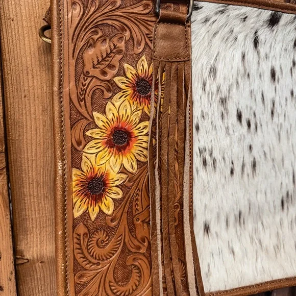Hand-Tooled Sunflower Leather Tote with Cowhide Panel - Brown - Picture 2 of 8